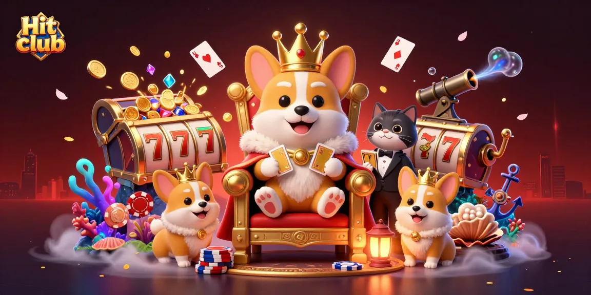 Engage with the Hit club scene featuring a royal corgi on poker chips with slot reels and lively casino elements.