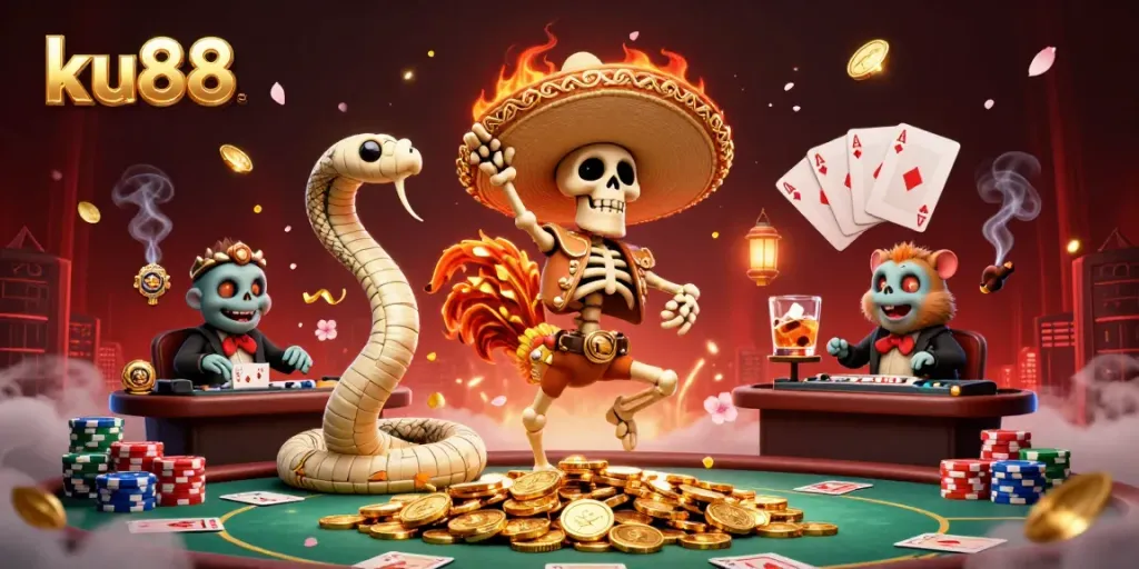 Experience thrilling action at ku88 with a mariachi rooster dancing on golden coins, showcasing vibrant casino elements.