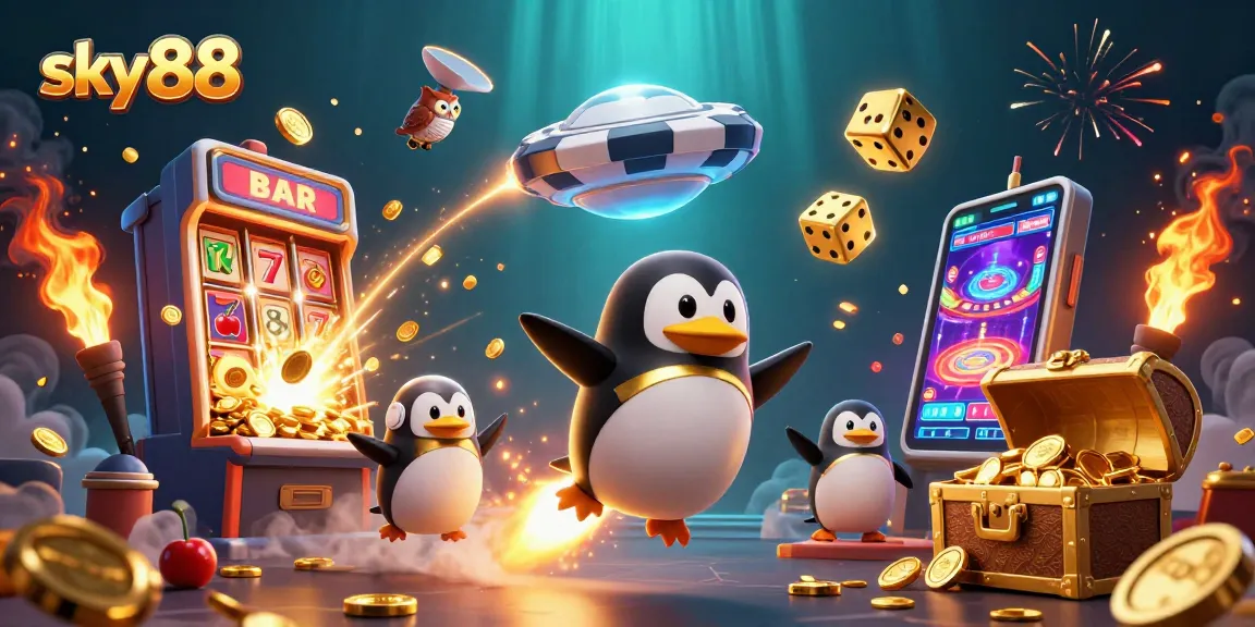 Experience thrilling wins at sky88 with a dazzling 3D scene of a penguin, casino elements, and golden coins.