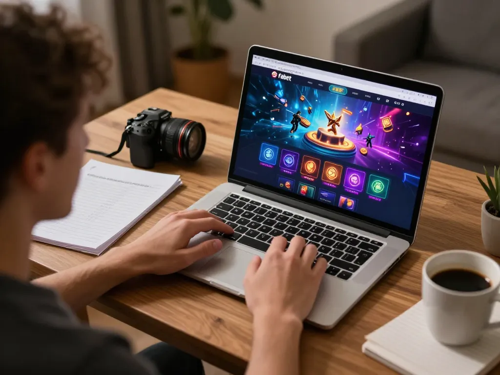Engaging with the fabet online casino interface during a home gaming session using a laptop