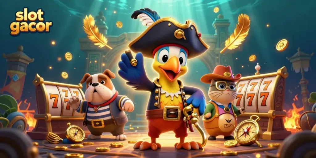 Spin slot gacor reels with characters in a vibrant underwater-themed casino scene.