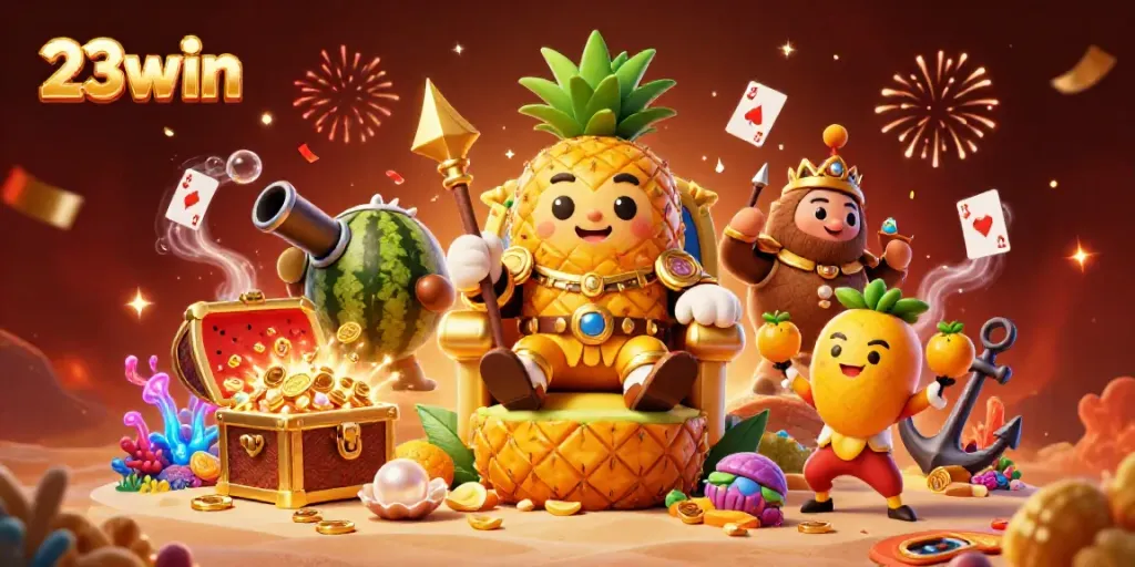 Engage with thrilling casino action at 23win featuring the pineapple king and treasure-filled underwater scene