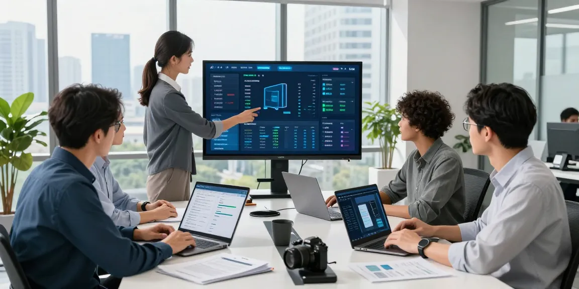 IT support businesses team collaborating with technology in modern office.
