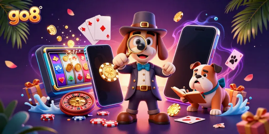 Engage with go8's thrilling casino adventure as a detective and bulldog uncover hidden treasures amidst vibrant gaming elements.