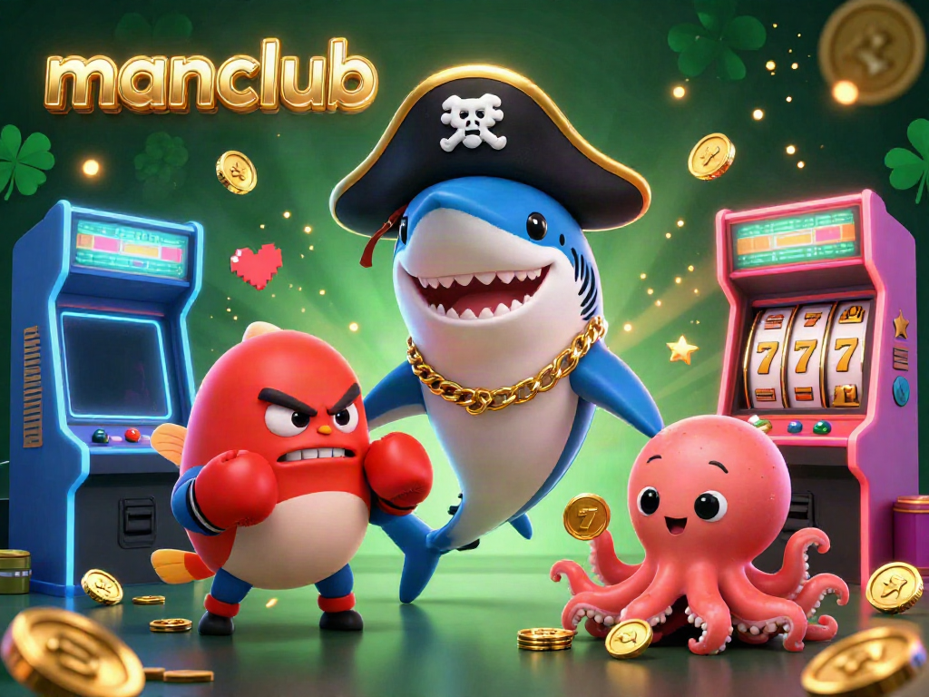 Join manclub for thrilling gaming experiences featuring a pirate shark, pufferfish, and octopus amidst casino elements.