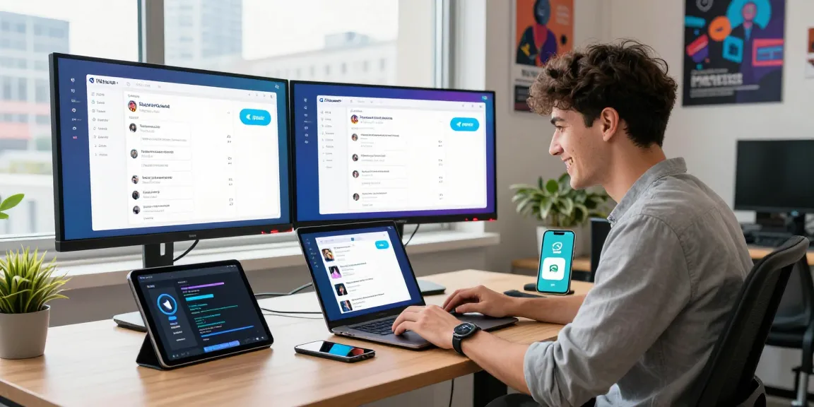 Experience Telegram Download on a modern tech workspace featuring vibrant screens and engaged user.