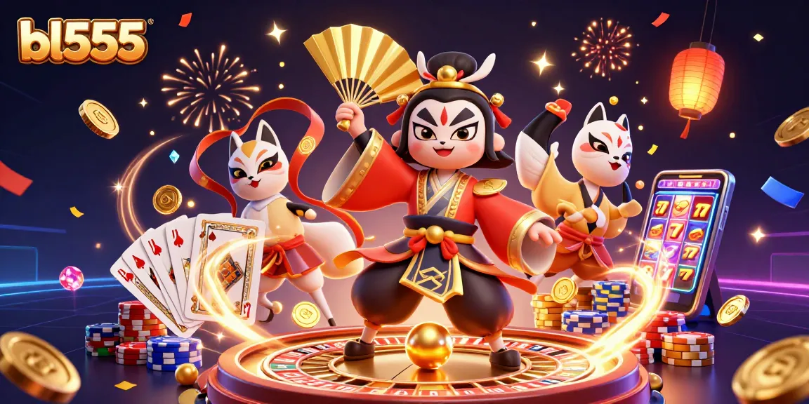 Experience thrilling gaming action with bl555 in a vibrant 3D casino scene featuring a kabuki warrior and riches.