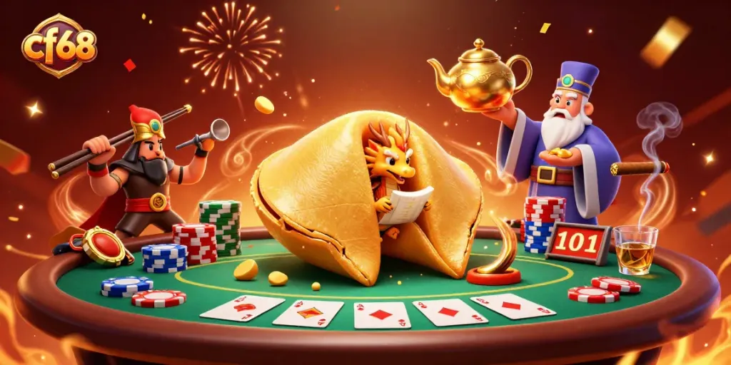 Engage with cf68 gaming excitement through a vibrant scene featuring fortune cookies and poker elements.