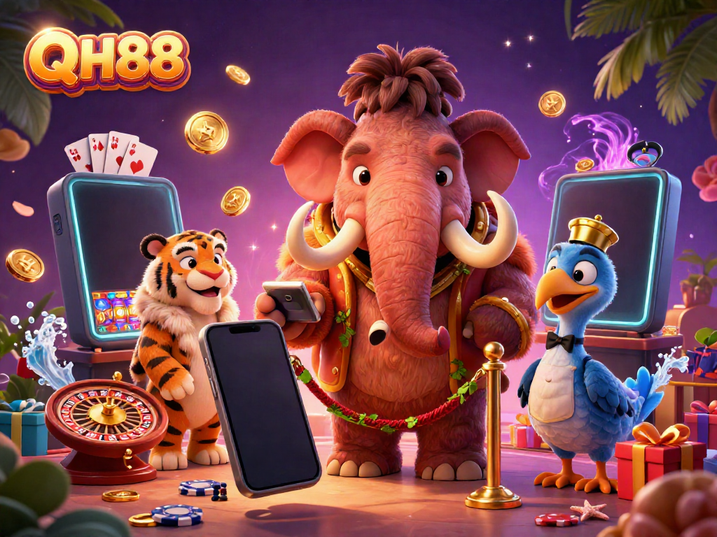Experience exciting games at QH88 with a woolly mammoth bouncer, engaging characters, and stunning casino elements.