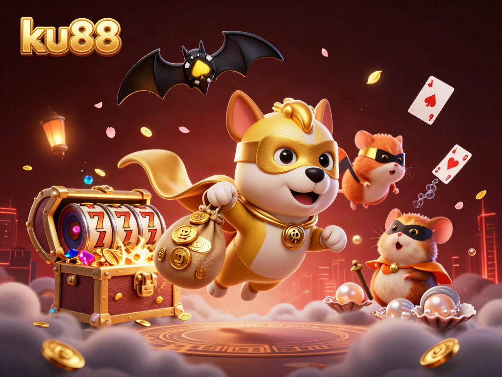 ku88 superhero dog flying with gold coins amidst dynamic casino elements in a vibrant scene