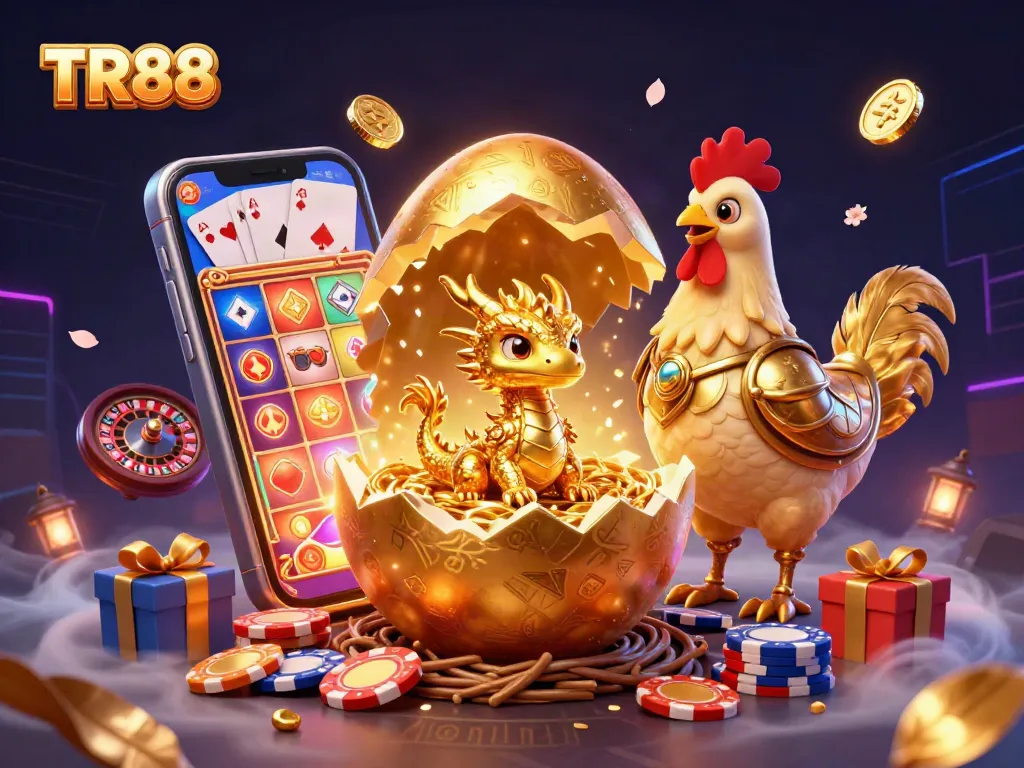 Engage with TR88 as the golden baby dragon reveals treasures inside a casino-themed illustration.