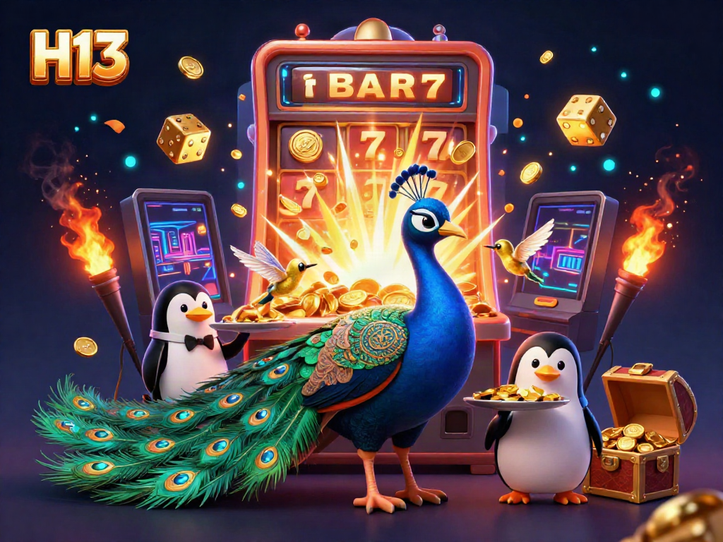 H13 showcases a vibrant casino realm with a peacock and penguin amidst lively slot machine chaos.
