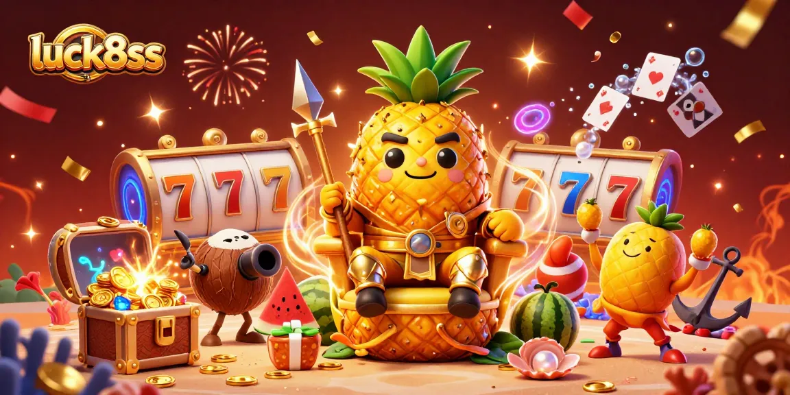 Experience the vibrant casino scene of luck8ss featuring a pineapple king and beach party elements.