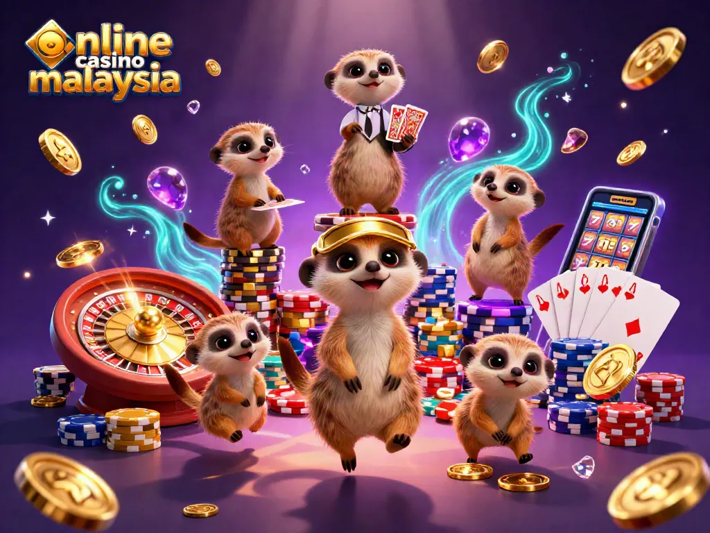 Experience thrilling gameplay at online casino Malaysia with playful meerkats managing a vibrant casino scene.
