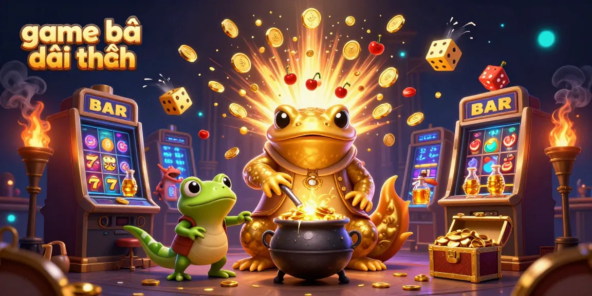 Experience the excitement of game bài đổi thưởng with a dynamic scene full of gold coins, slot machines, and magical characters.