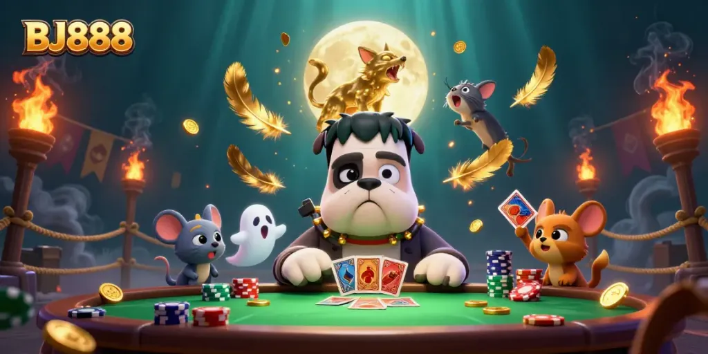 Engage with BJ888's thrilling atmosphere as a Frankenstein bulldog deals cards at a haunted table.