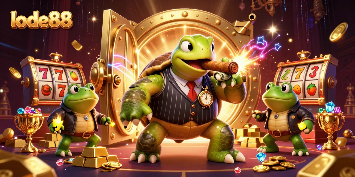 lode88 offers thrilling gambling experiences with a snapping turtle mobster in a vibrant casino scene.