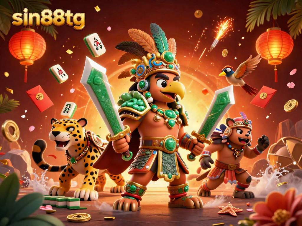Experience excitement at sin88tg with a vibrant 3D casino scene featuring Aztec warriors and festive gaming elements.