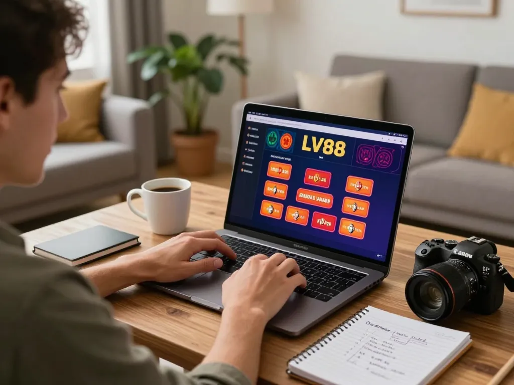 Player engaging with LV88 online casino game on laptop, showcasing strategic gameplay in a cozy home setting.