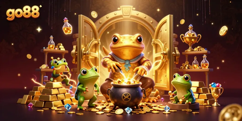 Experience the magic of go88 with golden treasures and dynamic characters in this 3D casino illustration.