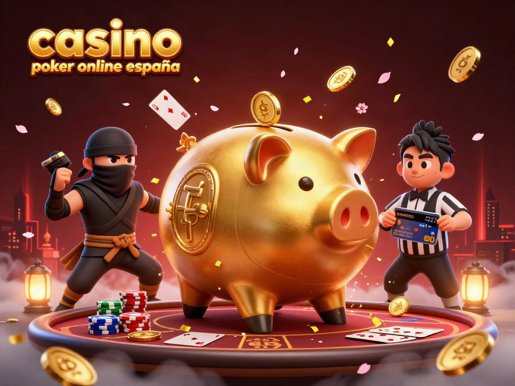 La escena dinámica del casino poker online en España con un sumo de cerdo dorado y un ninja, rodeados de cartas y fichas.