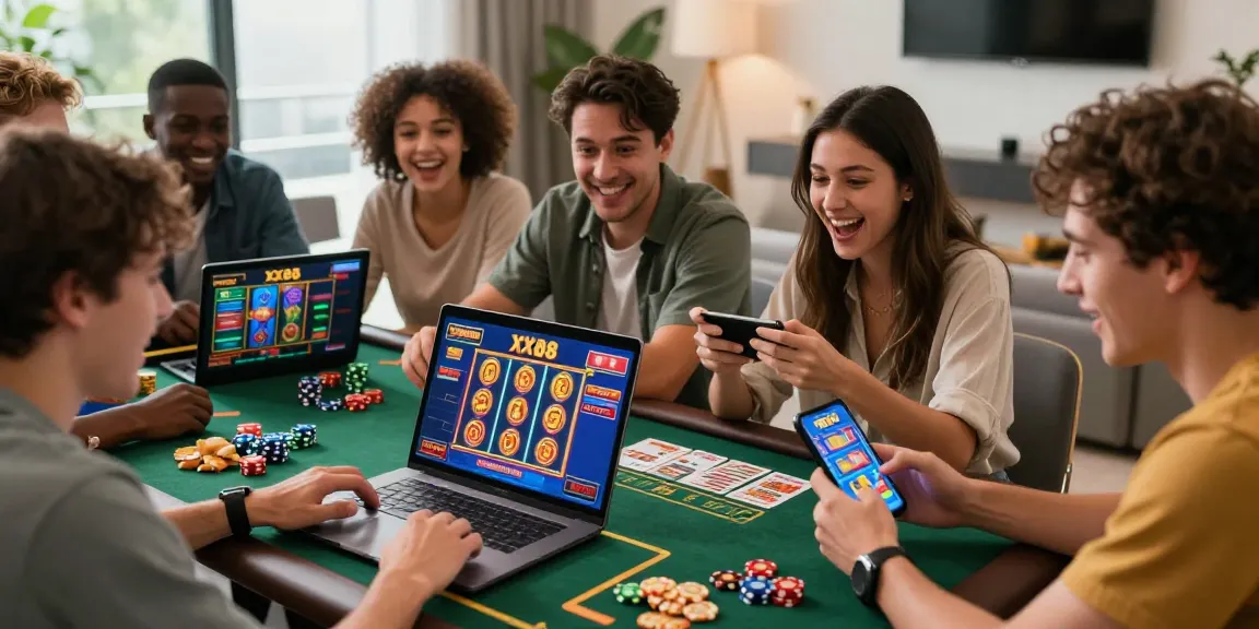 Friends enjoying an exciting gaming session on XX88, surrounded by colorful game graphics and snacks in a lively living room.