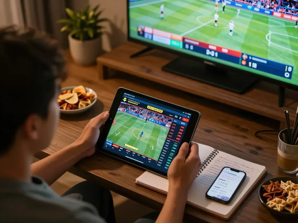 A person engaging in tỷ lệ kèo nhà cái 5 while placing sports bets at home