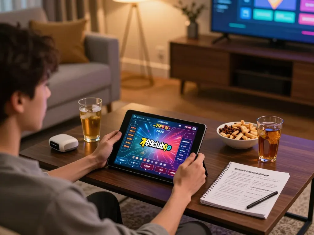Engaging with the 789clubgo app on a tablet in a cozy gaming setup, showcasing a vibrant online casino experience.