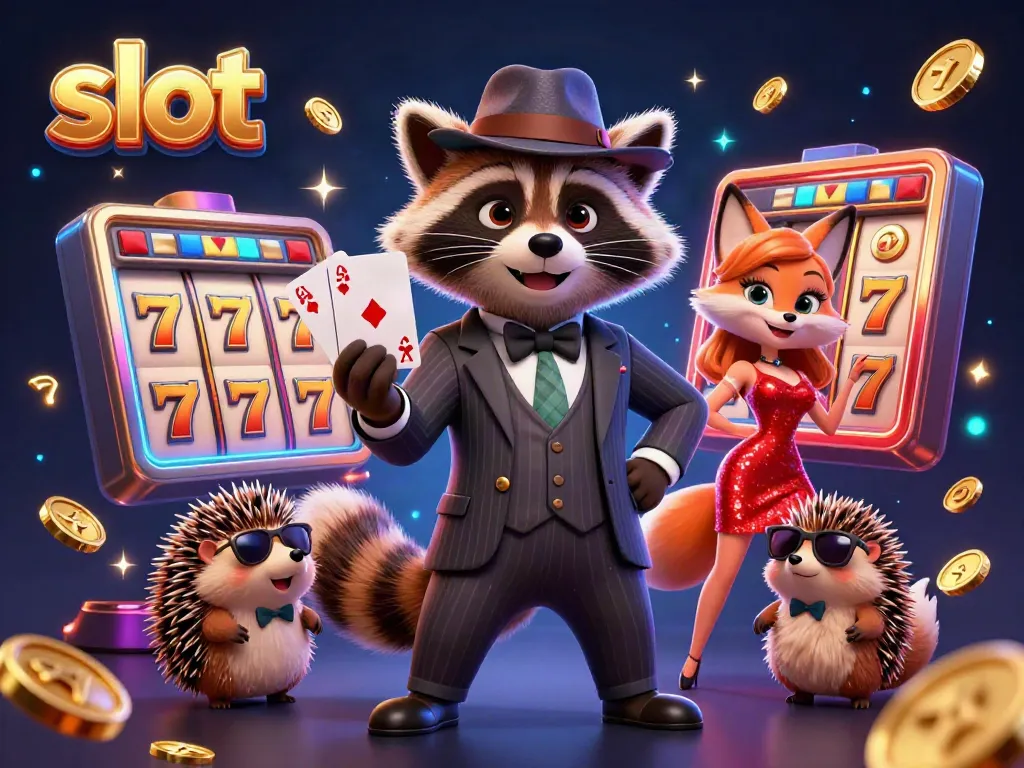 Experience thrilling slot action with a raccoon, fox, and hedgehog in a vibrant casino scene.