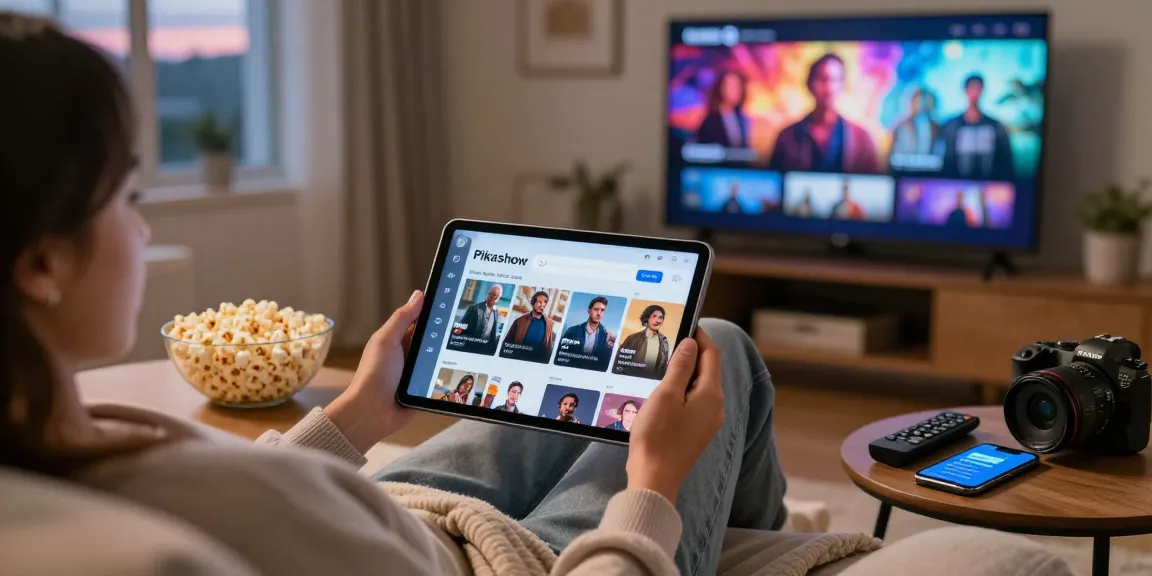 Pikashow APK displayed on a tablet while enjoying a movie night at home, showcasing user-friendly interface and cozy atmosphere.
