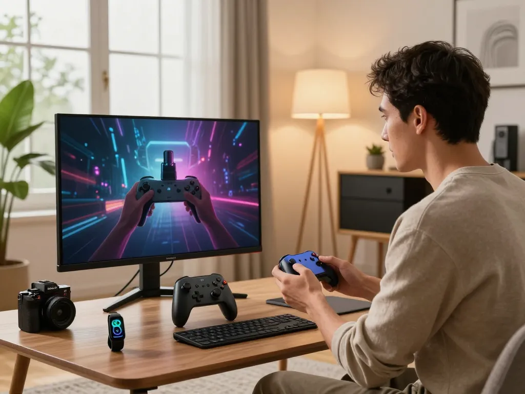 Enthusiastic man exploring the best tech gadgets for men in a modern apartment, using innovative Bluetooth devices.