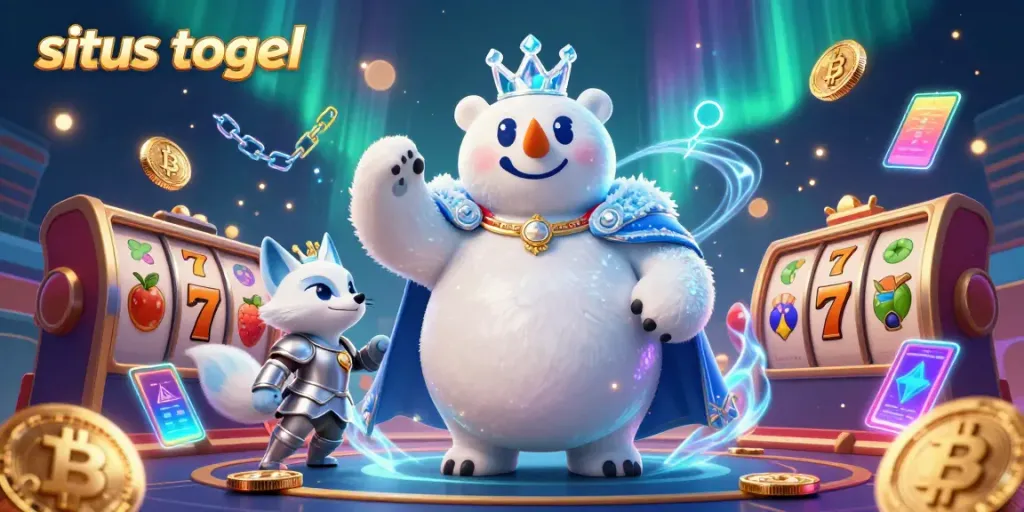 This vibrant illustration captures the essence of situs togel gameplay with a polar bear king and snow fox in a dynamic gambling scene.