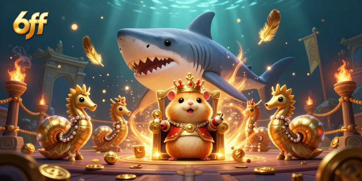 Engage in thrilling gameplay at 6ff with a vibrant scene featuring a hamster king, seahorse guards, and more.