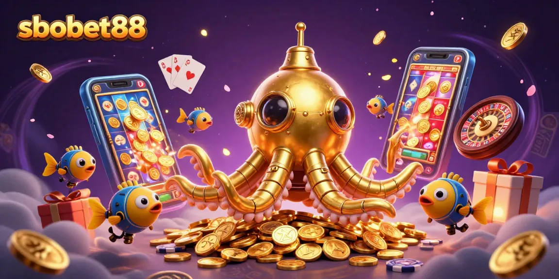 Sbobet88 ignites excitement with a golden kraken submarine amid energetic casino elements.