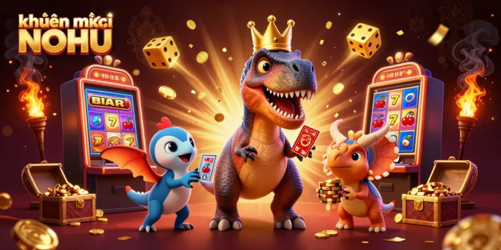Engaging scene of khuyến mãi NOHU with casino characters, jackpot elements, and vibrant colors.