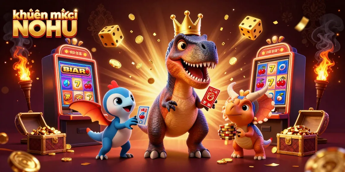 Engaging scene of khuyến mãi NOHU with casino characters, jackpot elements, and vibrant colors.
