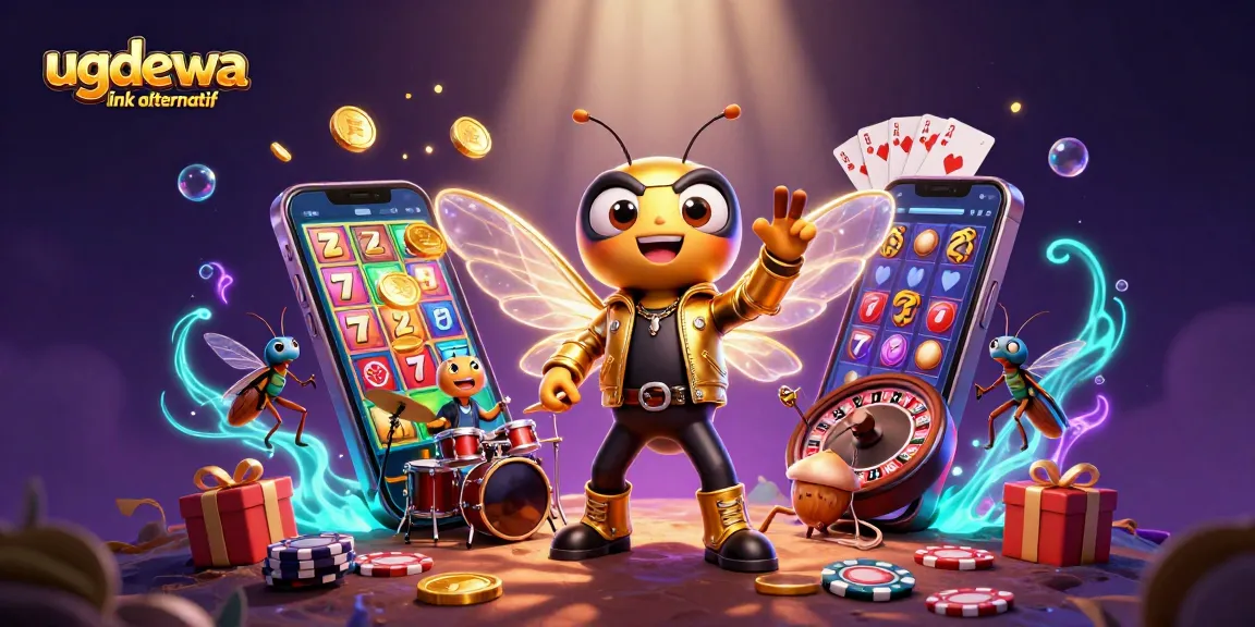 Experience fun with ugdewa link alternatif as a cicada rock star performs amidst slot games and golden coins.