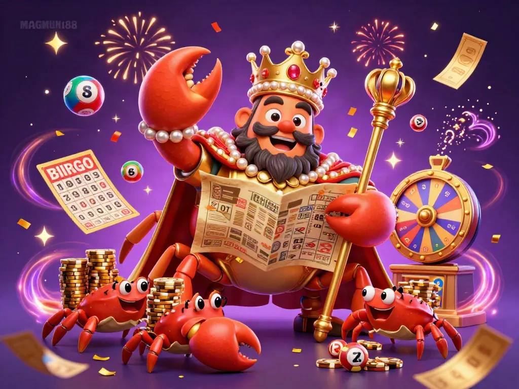 Engage with MAGNUM188's vibrantly animated casino scene featuring a golden crab emperor and dynamic lottery elements.