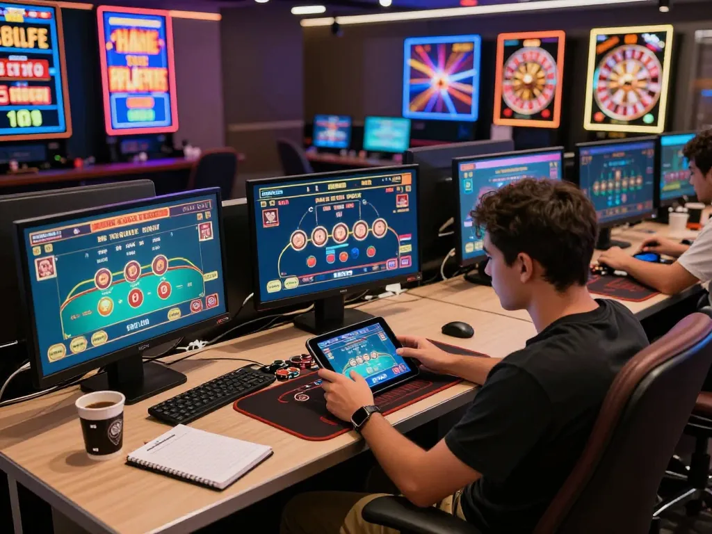 Engaged player using online casino platform for 7m games with tablet at a stylish gaming setup.