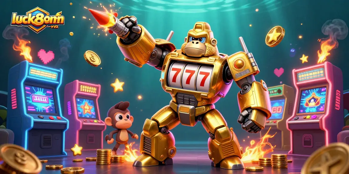 Witness the action at luck8com-vn with a dynamic casino-themed illustration showcasing a golden gorilla mech.