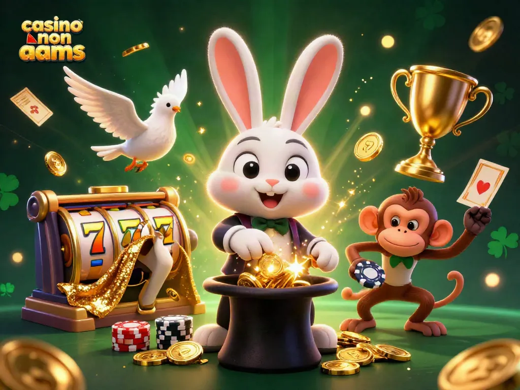 Scopri il mondo dei casino non AAMS, con un coniglio magico che estrae monete d'oro da un cilindro, e divertenti elementi di gioco.
