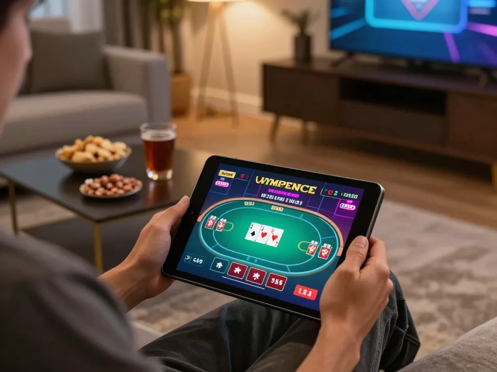 Engaging gameplay at SUNWIN TRANG CHỦ with vibrant poker interface on tablet in cozy setting.