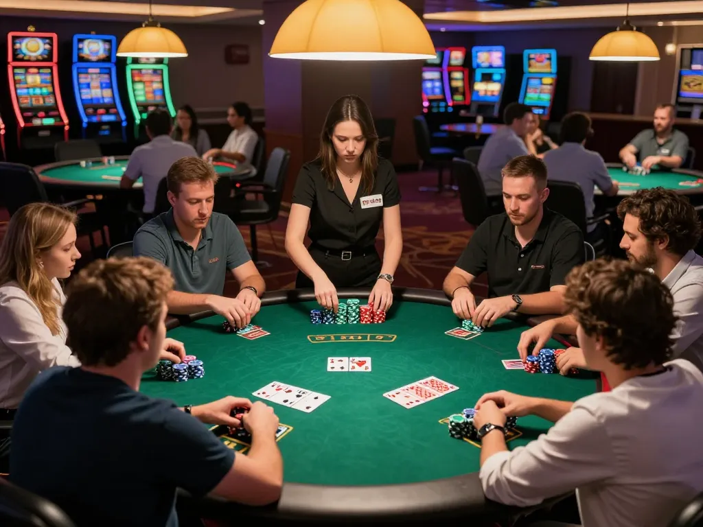 MM88 players enjoying an engaging poker game with lively dealer amidst a vibrant casino atmosphere.