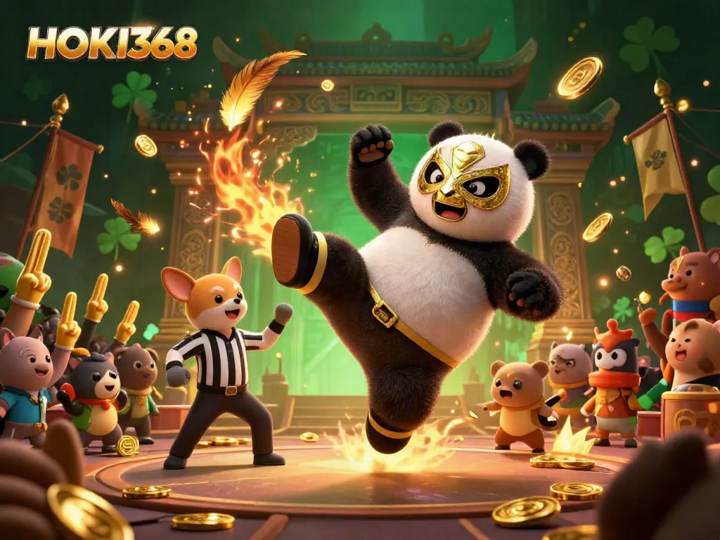 HOKI368 showcases an exciting online gaming scene with a wrestler panda, chihuahua referee, and animated crowd.