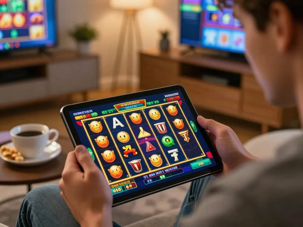 Player engaging with online slots on tablet, rich colors and gaming ambience, brandingbybrandi highlights thrilling moments
