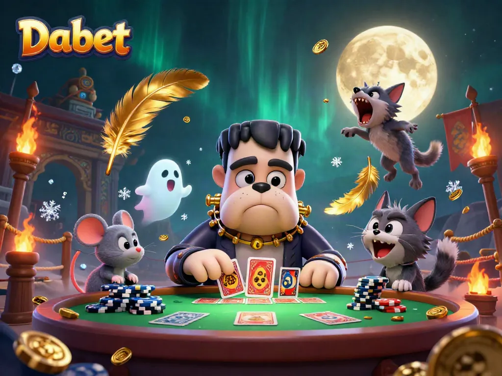 Dabet features a cartoon Frankenstein bulldog dealer at a spooky casino table with a ghost mouse.