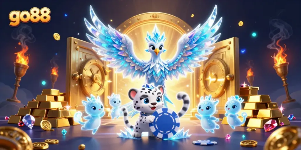 Join the fun at go88 with an energetic 3D illustration showcasing magical creatures and casino treasures.