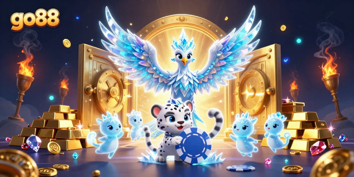 Join the fun at go88 with an energetic 3D illustration showcasing magical creatures and casino treasures.