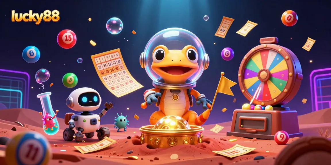 Engage with lucky88's vibrant casino scene featuring a Martian gecko and dynamic lottery elements.