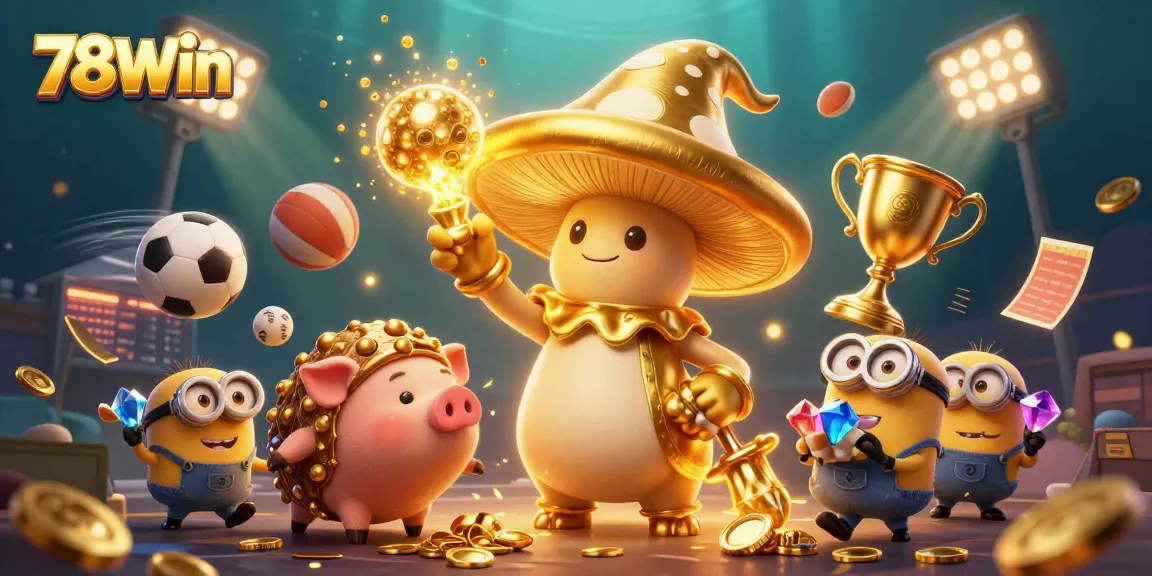 Experience thrilling action at 78Win with a golden mushroom wizard amid vibrant sports elements.